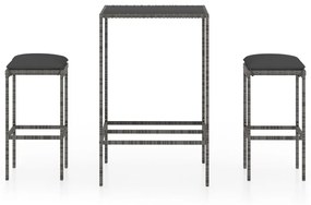 Set bar da giardino 3 pz con cuscini in polyrattan grigio