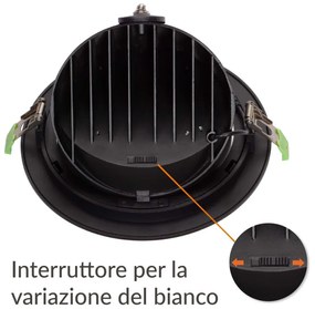 Faro LED Incasso 42W Nero Orientabile, Foro Ø210mm con driver Philips Colore Bianco Variabile CCT