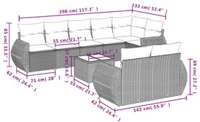 Set divani da giardino 9 pz con cuscini nero in polyrattan