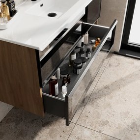 Mobile bagno con lavabo STAR L120 x H60 x P46 cm oak in vetro 2 cassetti per vasca centrale, il cassetto é dotato di illuminazione LED