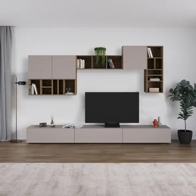 Parete Attrezzata 300 Cm Design Moderno Con Pensili Tortora E Noce Big