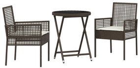 Set bistro da giardino 3 pezzi con cuscini marrone in polyrattan
