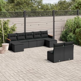 Set divani da giardino 9 pz con cuscini nero in polyrattan