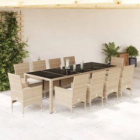 Set da pranzo da giardino 11 pz con cuscini polyrattan e vetro