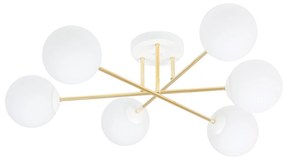 Plafoniera Moderna Magnium 6 Luci In Acciao Oro E Sfere In Vetro Bianco