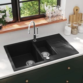 Lavello Da Cucina İn Granito Vasca Doppia Nero /