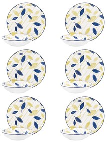 Servizio 12 piatti porcellana foglie blu e giallo Foliage