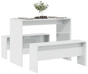 Set Tavolo Da Pranzo E Panche 3 Pz Bianco Lucido İn Truciolato /