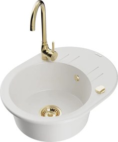 Mexen Kevin lavello in granito ad 1 vasca con gocciolatoio e rubinetto cucina Telma, bianco - 6517-20-670200-50