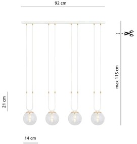 Sospensione 4 Luci Crio In Acciaio Bianco Oro E Sfera In Vetro Trasparente