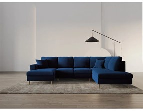 Divano angolare blu allungabile e con contenitore (con penisola a destra/a U) con rivestimento in velluto Kyoto – Cosmopolitan Design