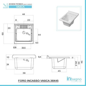 Vasca lavatoio 45x60 cm in resina bianca da incasso o in appoggio