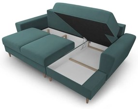 Divano angolare color petrolio allungabile e con contenitore (con penisola a destra/con chaise lounge) con rivestimento in velluto Kyoto – Cosmopolitan Design