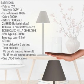 Lampada da Tavolo LED Ricaricabile, Touch Luce Calda Dimmerabile per Casa, Bar, Pub, Ristoranti - Tortora