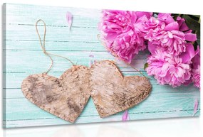 Quadro su tela – Peonie e cuoricini di betulla