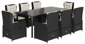 Set da pranzo da giardino 9 pz con cuscini nero in polyrattan