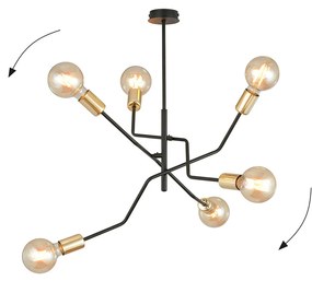 Sospensione Industrial 6 Luci Temi In Acciaio Nero E Oro Bracci Regolabili