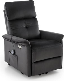 Poltrona relax Semir 2 con alzata assistita, massaggio ed USB in velluto nero – 80x108-90x90-160 cm
