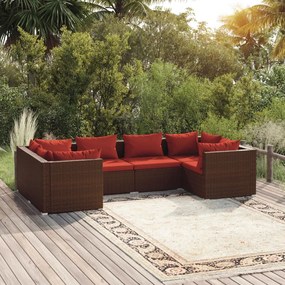 Set divani da giardino 6 pz con cuscini in polyrattan marrone
