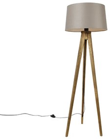 Lampada da terra a treppiede rustica vintage in legno con paralume in lino color tortora 45 cm - Tripod Classic