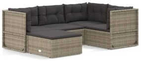 Set Divani da Giardino 5 pz con Cuscini in Polyrattan Grigio