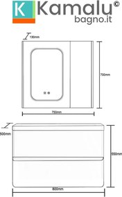 Kamalu - Mobile bagno 80 cm lavabo integrato e specchio contenitore | KAM-SM80