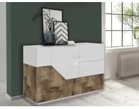 Credenza moderna a 2 ante geometriche e 3 cassetti, Made in Italy, Madia da cucina, Buffet di design da soggiorno, Cm 141x43h86, Bianco lucido e Acero