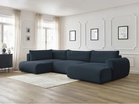 Divano angolare in blu scuro allungabile (con penisola a destra/a forma di "U") con rivestimento in velluto a coste Lucien – Bobochic Paris