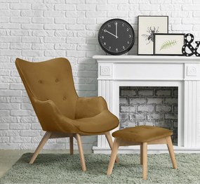Poltrona con poggiapiedi color senape con rivestimento in velluto Niko – Ropez