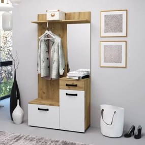 Mobile Da Ingresso 104x32x190 Con Ante E Specchio Bianco E Rovere Mosso MO6