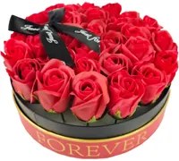 Box tondo Rose rosse artificiali bouquet di 29 rose perenni, confezione mazzo di rose per San Valentino, cm 23x23x14 scatola in cartone rosso