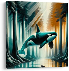 Quadro su tela – Foresta luminosa e orca