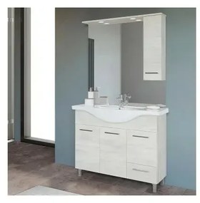 Mobile da Terra 105 cm in rovere bianco completo di specchio con pensile e LED