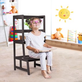 Costway Sgabello a gradini per bambini con barriera di sicurezza, Sgabello multiuso da cucina in solido bambù Marrone