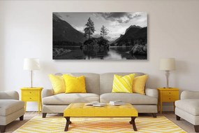 Stampa su tela – Paesaggio montano sul lago in bianco e nero