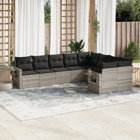 Set divano da giardino 9pz con cuscini grigio chiaro polyrattan