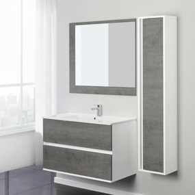 Mobile Bagno Sospeso 90 Cm Due Cassetti Specchio Su Pannello 90x80 Cm Feridras "Fabula" Bianco/Cemento