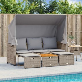 Divano giardino 3 posti con tetto e sgabelli grigio polyrattan