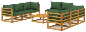 Set salotto da giardino 9pz con cuscini verdi in legno massello