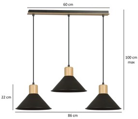 Sospensione Nordica 3 Luci Rowen In Acciaio Nero E Legno