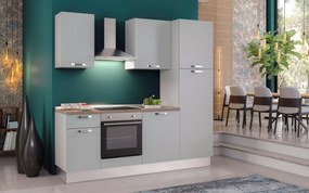 Cucina montata Dora bianco spatolato, lavello a destra, L 225 cm, completa di: cappa a camino, piano cottura a induzione, forno e frigorifero