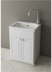 Lavatoio a Terra Per Esterno 60x50 Due Ante Con Vasca Sifone e Tavoletta In Plastica Xilon "Meteo" Bianco Lucido