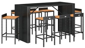 Set bar giardino 9 pz nero polyrattan e legno massello acacia