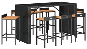 Set bar giardino 9 pz nero polyrattan e legno massello acacia