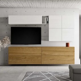 Parete soggiorno A151 L.308 P.39,5 Bianco e Quercia