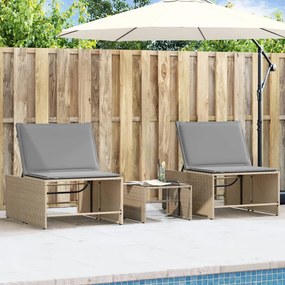 Lettini prendisole 2 pz con tavolino beige in polyrattan