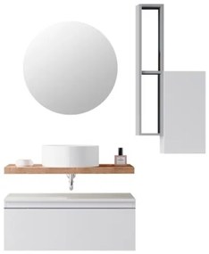 Mobile Bagno Sospeso 80 Cm Con Cassettone Bianco Mensola Rovere Lavabo E Specchio Aurora