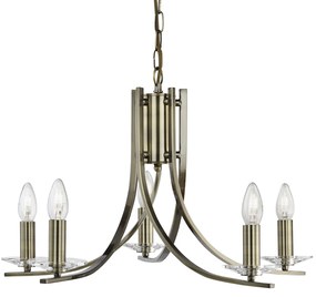 Lampadario Industrial-Nordico Ascona Acciaio Ottone Vetro 5 Luci E14