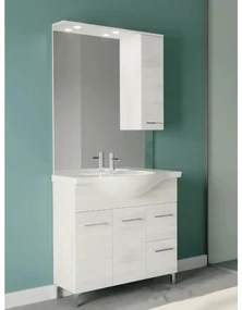 Mobile Bagno a Terra 85 Cm Due Ante Due Cassetti Specchio Con Pensile e Illuminazione Led Savini Due "Rubino" Rovere Bianco