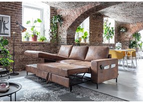 Divano letto vintage in similpelle marrone, angolo sinistro Lofty Lilly - Miuform